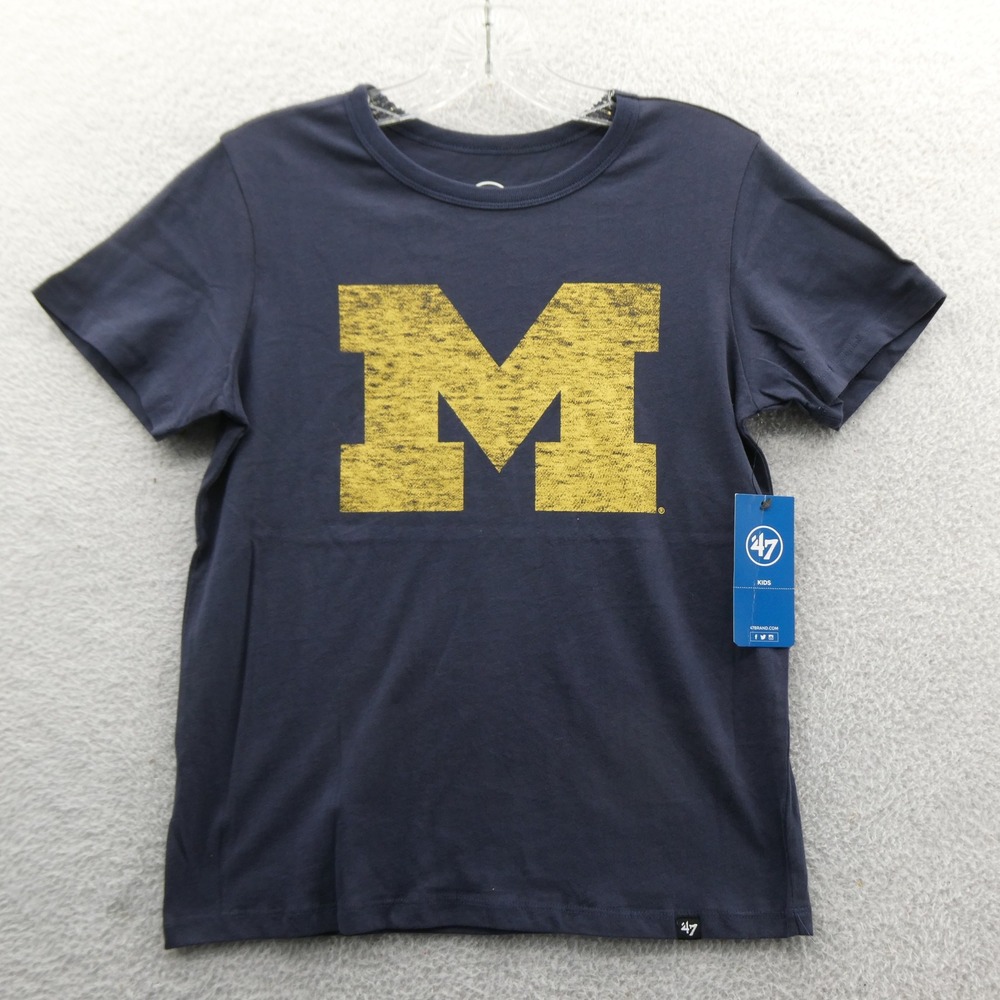 47 Brand Shirt Kids Large Michigan Wolverines Navy Blue Block M Logo Cotton
